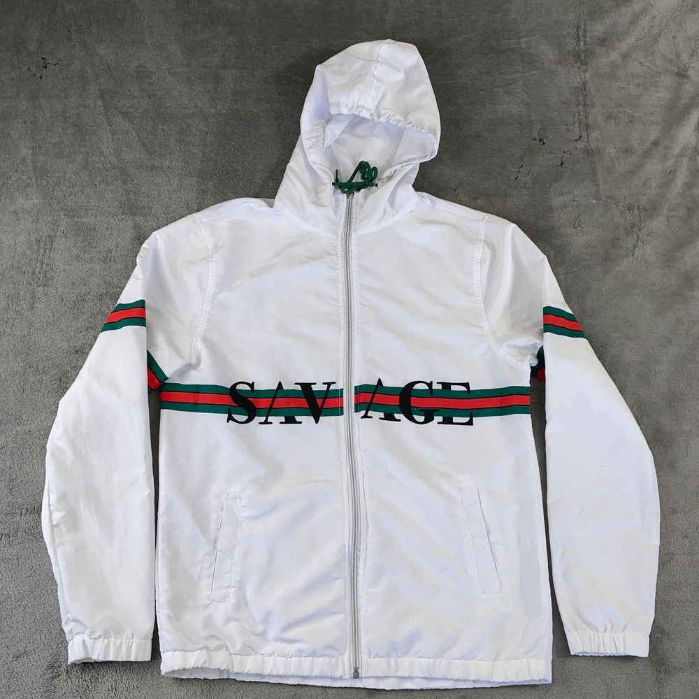 Carbon Windbreaker Mens Medium White Savage Graphic Striped Hooded Zip Jacket